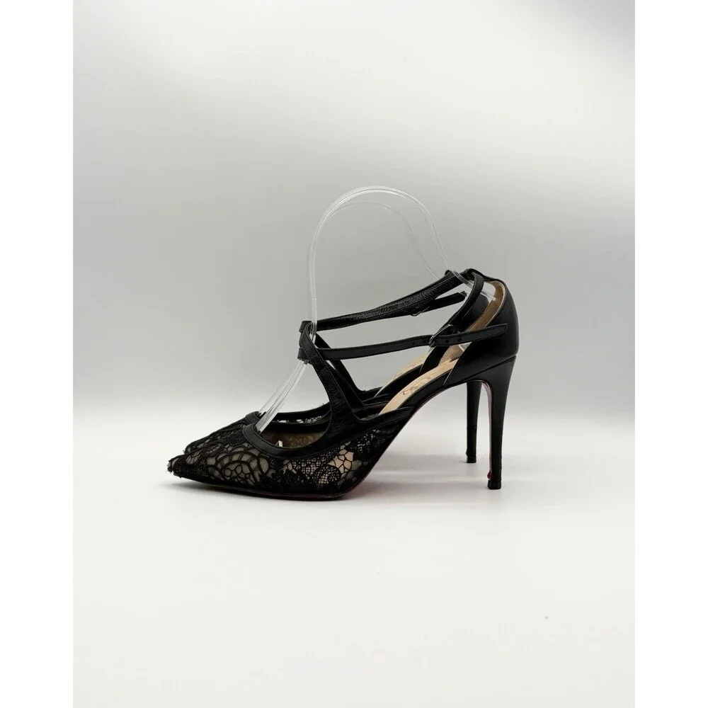 Christian Louboutin Black Leather & Lace Twistissima Pointed Heels Size EU 37.5